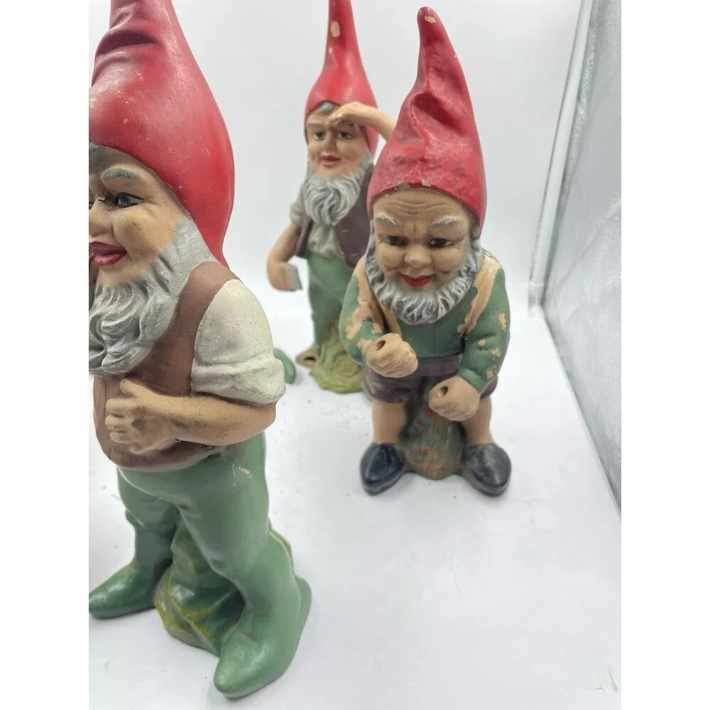 RARE Vintage Heissner West Germany Terracotta Garden Gnome Set of 4 + Mushroom
